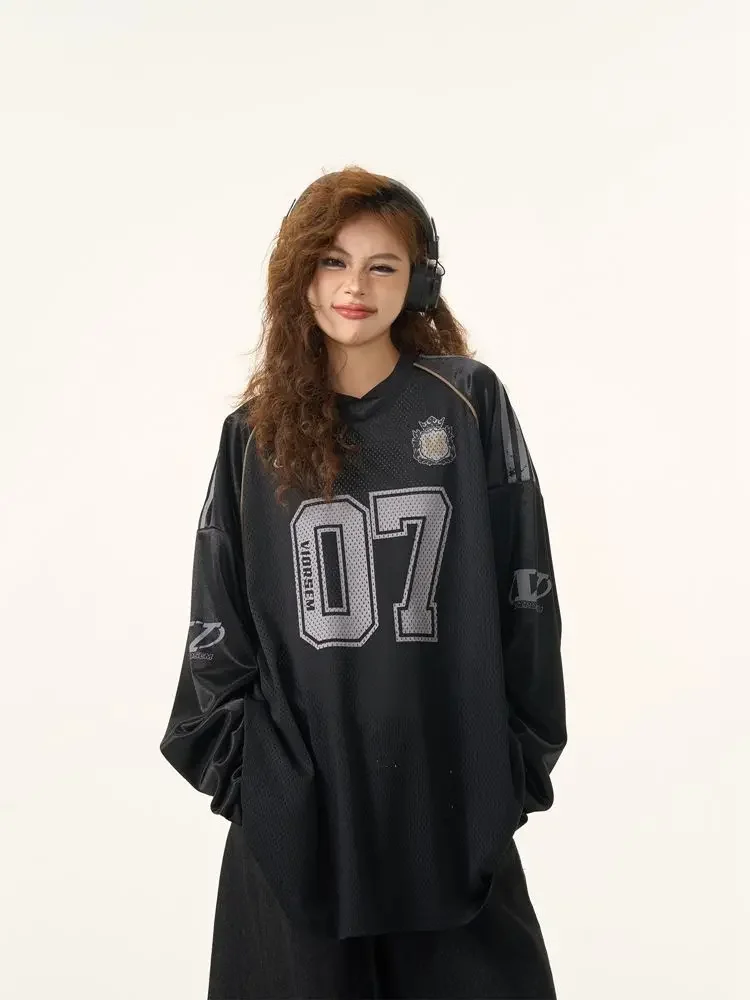 

QWEEK Y2k Korean Fashion Kpop Oversize T Shirt Women Loose Letter Print Streetwear Hip Hop Punk American Retro Tees 2024 Autumn