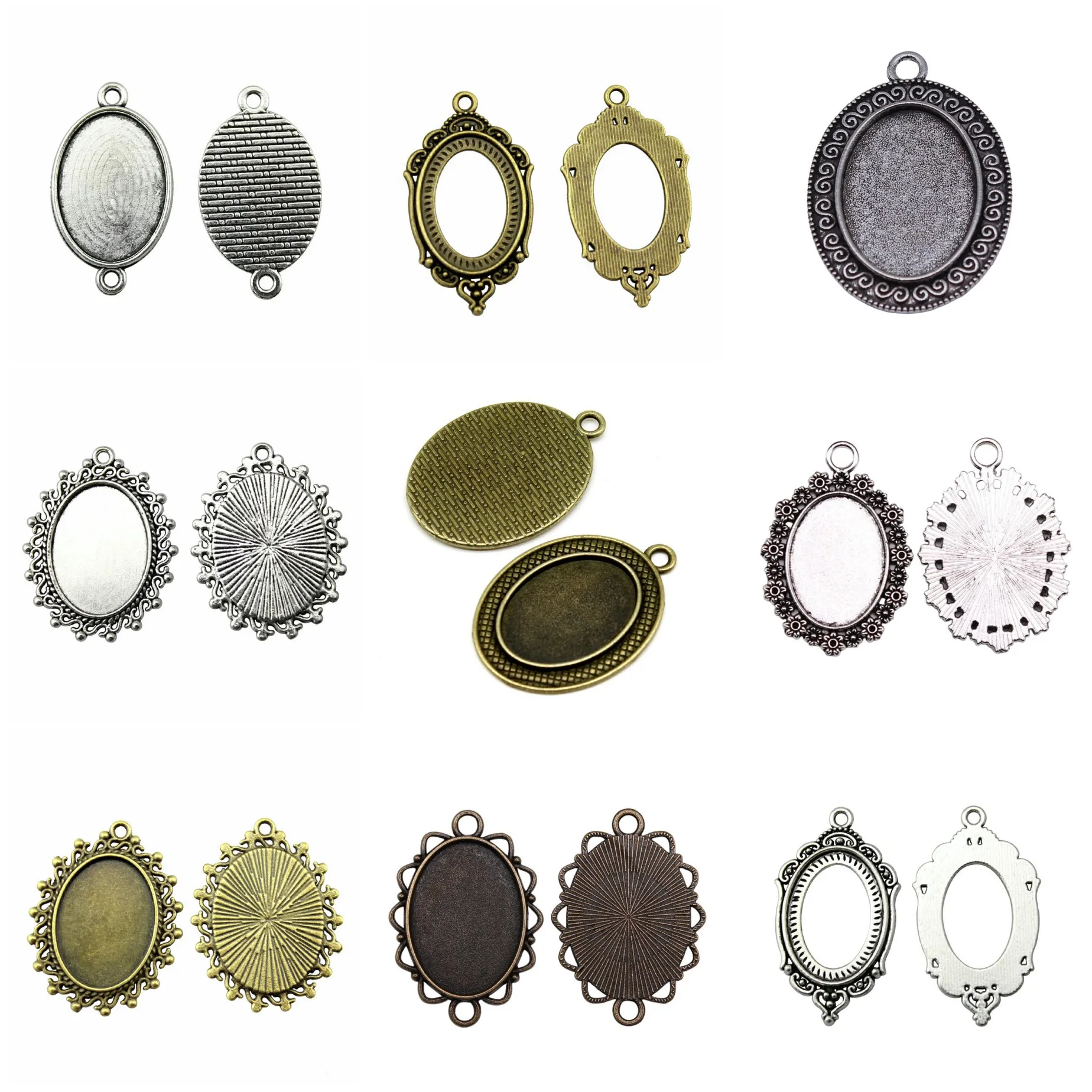 Bases de bisel para cabujones en blanco, de estilo clásico y color plateado antiguo, para la creación de collares, pulseras y joyería artesanal, venta al por mayor.