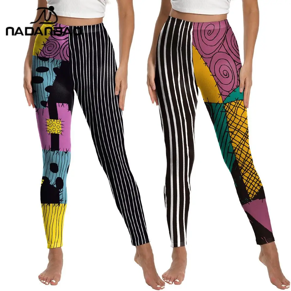 Nadanbao Halloween Jack Sally Cosplay Leggings Women's Y2K Gothic Pants Anime Movie Black Striped Sexy Tights Fitness Workout