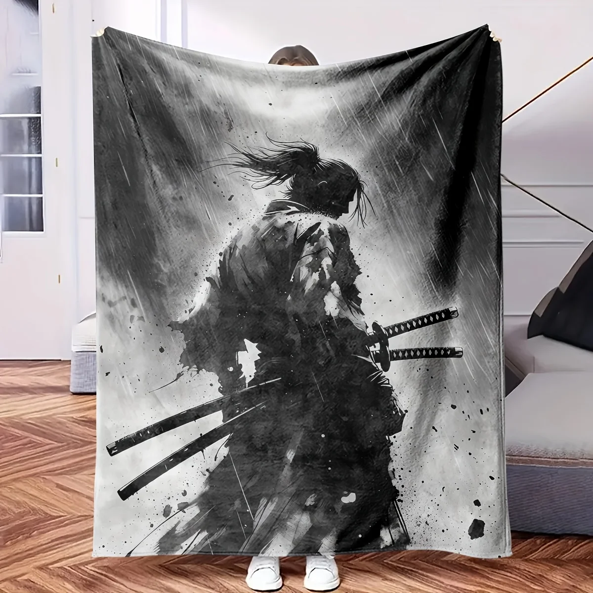 Large Samurai Ninja Anime Wall Blanket Throw Art Print 150x230cm Dramatic Japanese Warrior Decor Fleece Blanket