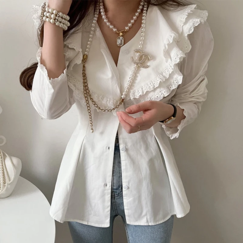 Double Lapel Peter Pan Collar Women\'s Shirt Patchwork Lace Pleated Long Sleeve Korean Blouse Elegant Stylish Office Lady Outfit