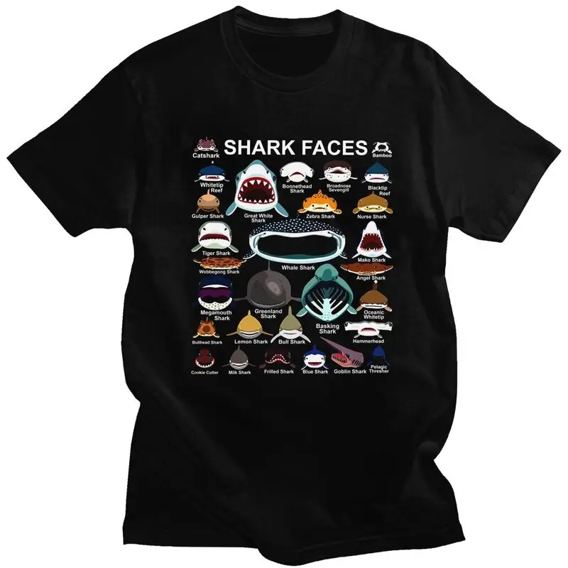 Shark Faces Of All Kinds T Shirts 100% Cotton Tee Tops Summer O Neck Animal Lover Tshirt Short-Sleeve For Men Birthday Gift