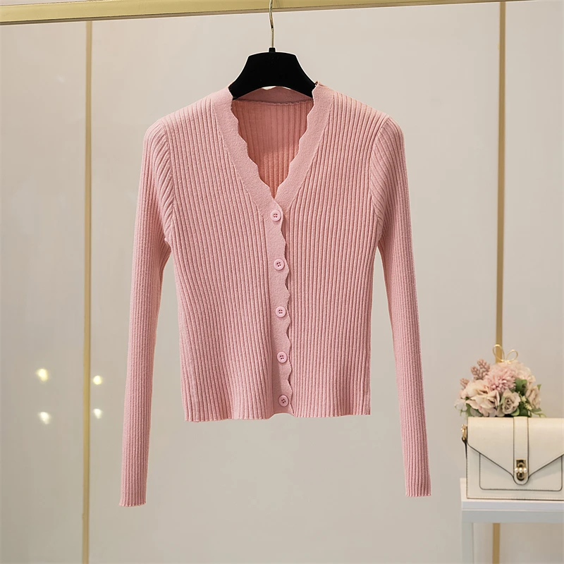 Wave V-neck Black White Pink Purple Cardigan Women Spring Autumn Korean Style Elegant Ladies Thin Slim Fitted Knit Sweater Top