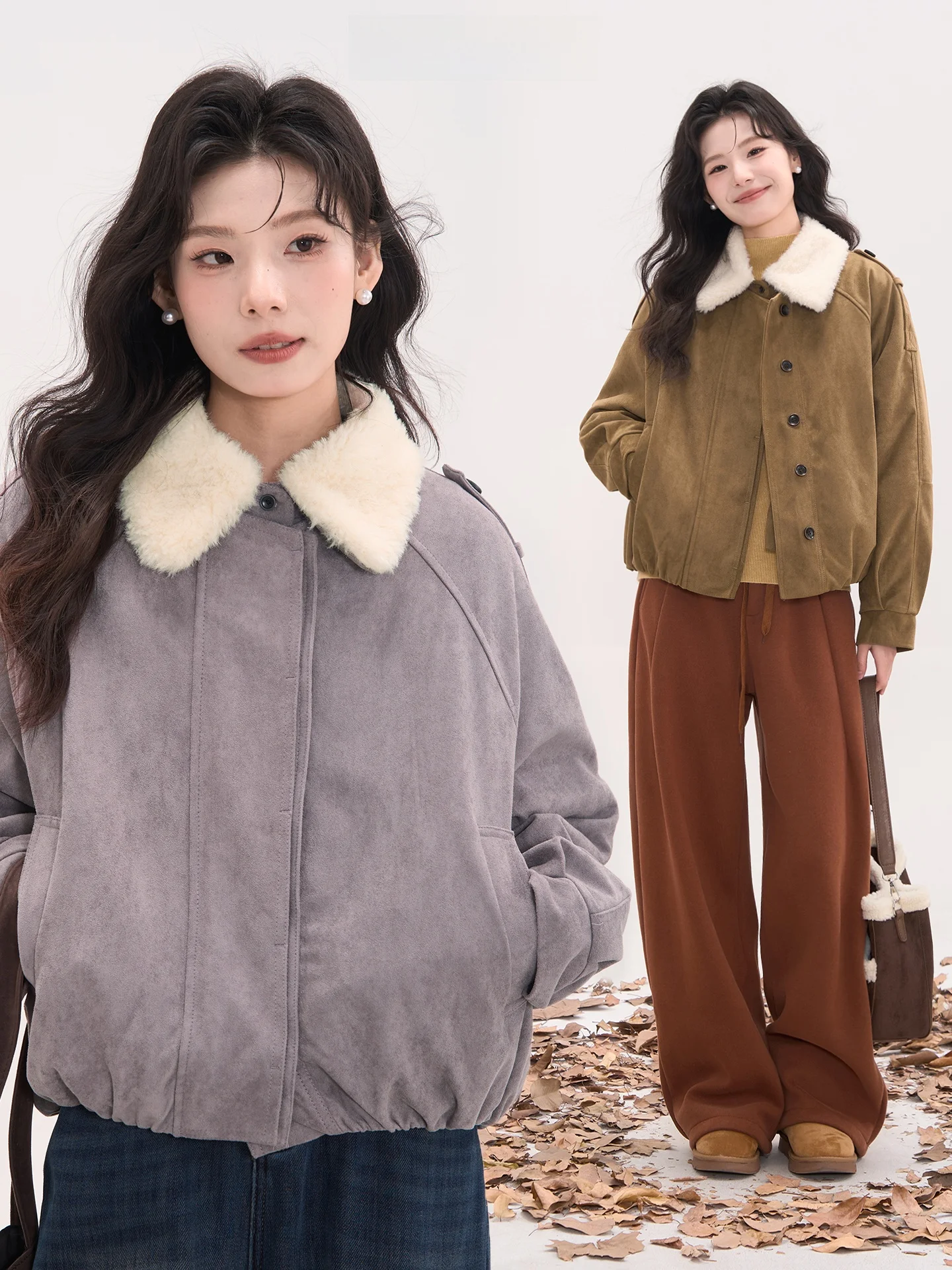 

Heme Fall Sheepskin Lamb Fur Collar down Jacket Women's Outerwear Long Sleeve Thickened Casual Style Polyester Fiber Coat