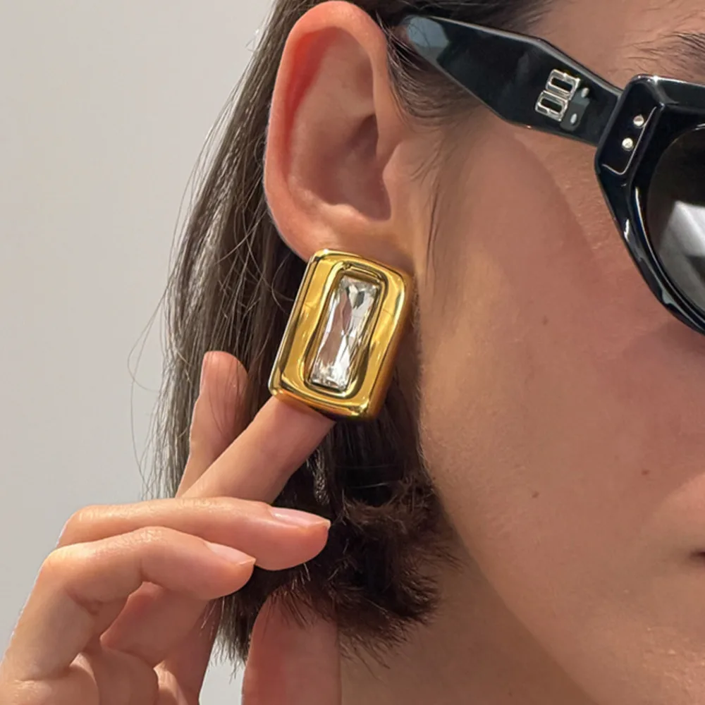 PuRui New Stainless Steel 18K Gold Plated Stud Earrings for Women Punk Rhinestone Geometric Big Earring Waterproof Jewelry