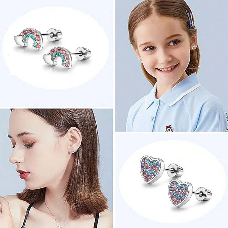 6 pairs of stainless steel screw stud earrings, such as hearts, flowers, butterflies, rainbows, set with shiny zircon earrings.