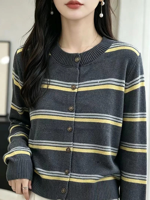 Retro Color Block Stripe Knitted Open Cardigan Long Sleeve round Neck Women's Fashionable Versatile Ageless Stylish Top