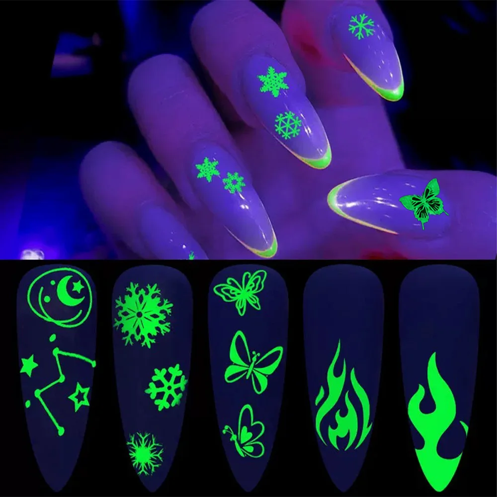 6/12 pçs 3d luminosa borboleta floco de neve adesivos de unhas 10*8cm brilho no escuro sliders da arte do prego adesivo diy manicure decorações