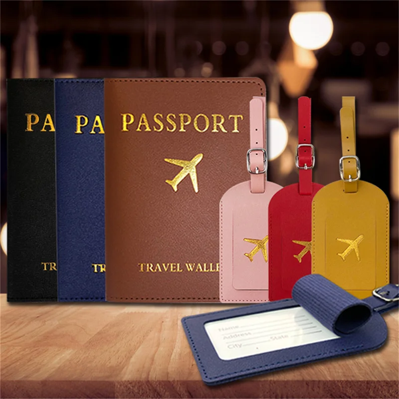 1set Portable PU Leather Luggage Tag Suitcase Identifier Label Baggage Board Bag Tag Name ID Address Holder Travel Passport Card