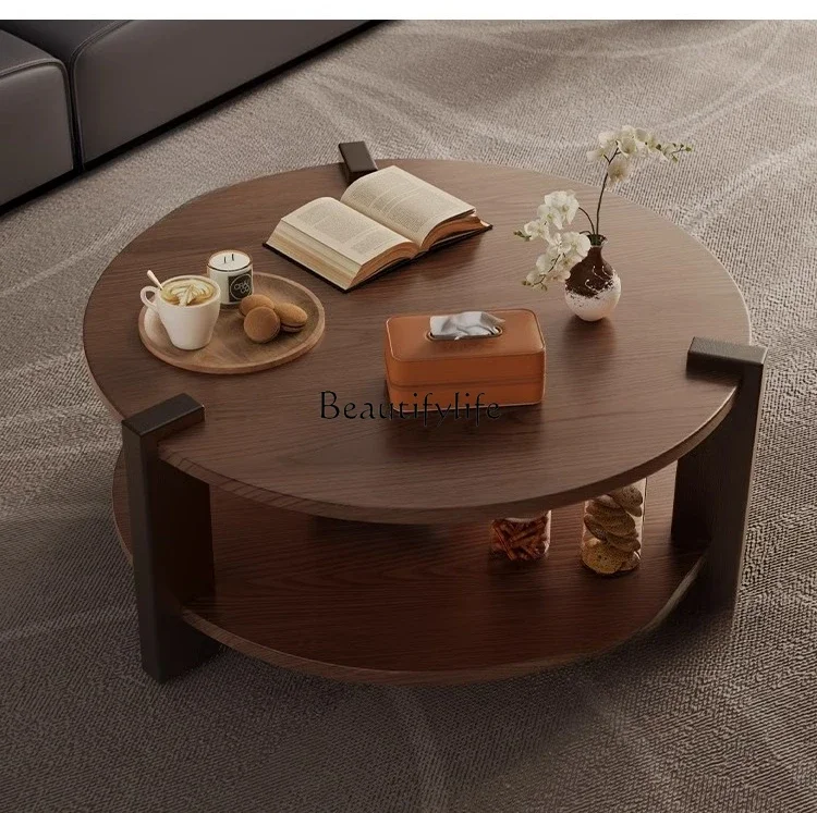 

03.Solid wood round coffee table small apartment living room household simple tea table medium