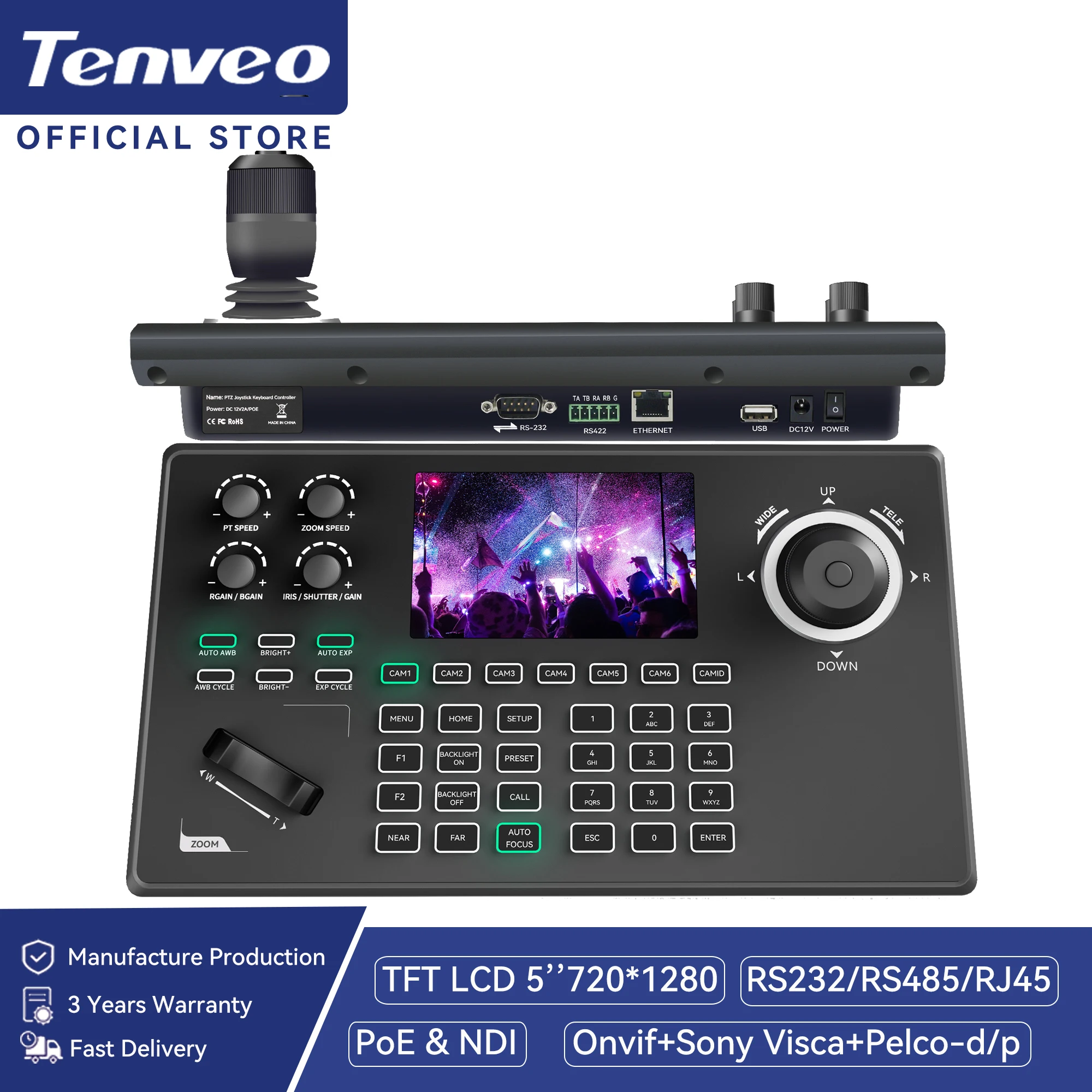 Tenveo KB200MAX IP Keyboard Controller 5'' LCD Screen 4D Joystick PoE-Powered Multi Interface Joystick Controller for PTZ Camera