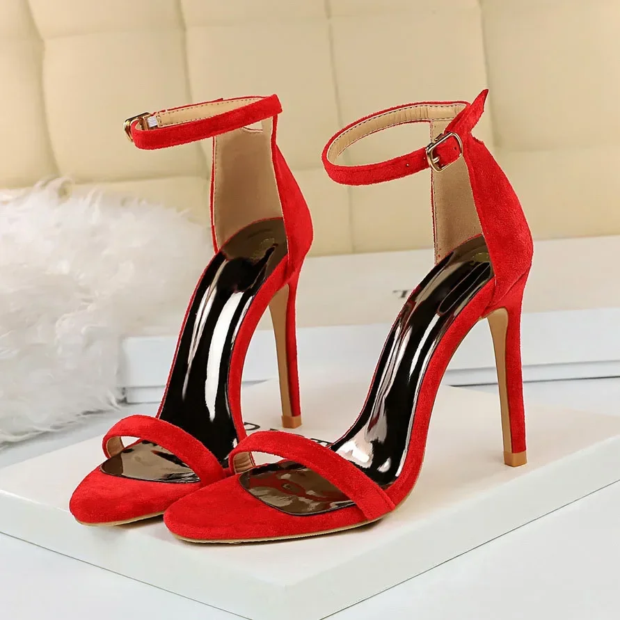 Women Flock 10cm High Heels Summer Strappy Sandals Female Classic Seaside Stripper Shoes Lady Fetish Beach Party Red Blue Pumps