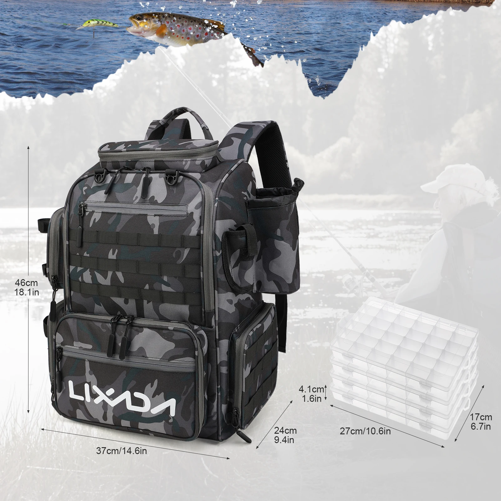 Lixada Fishing Backpack Waterproof Fishing Tackle Storage Bag with 4 Trays and Rain Cover