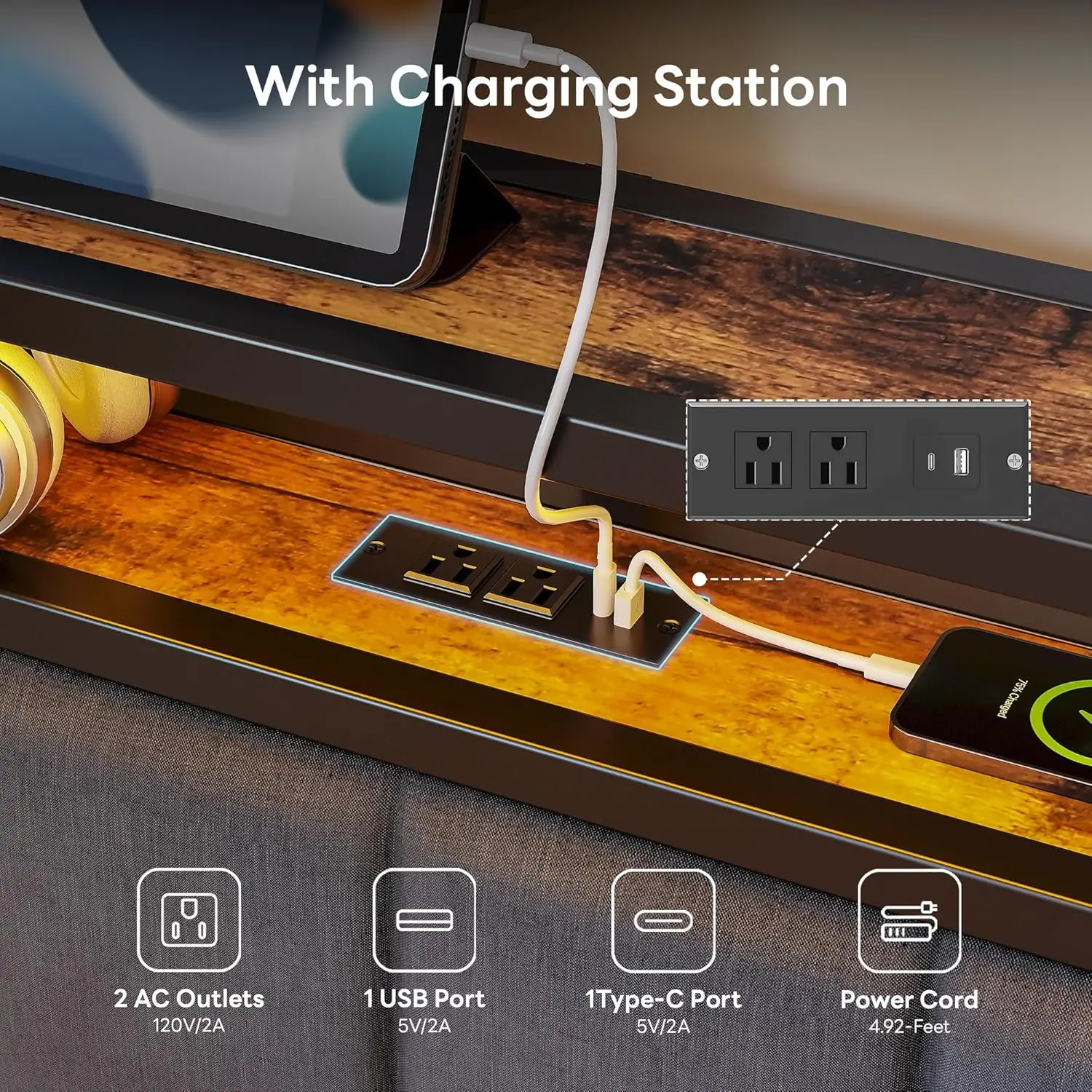 إطار سرير مزدوج كامل من LIKIMIO مع دولاب، ولوح أمامي للتخزين المنجد وأضواء LED، وسرير نهاري مزدوج الحجم مع محطة شحن #5