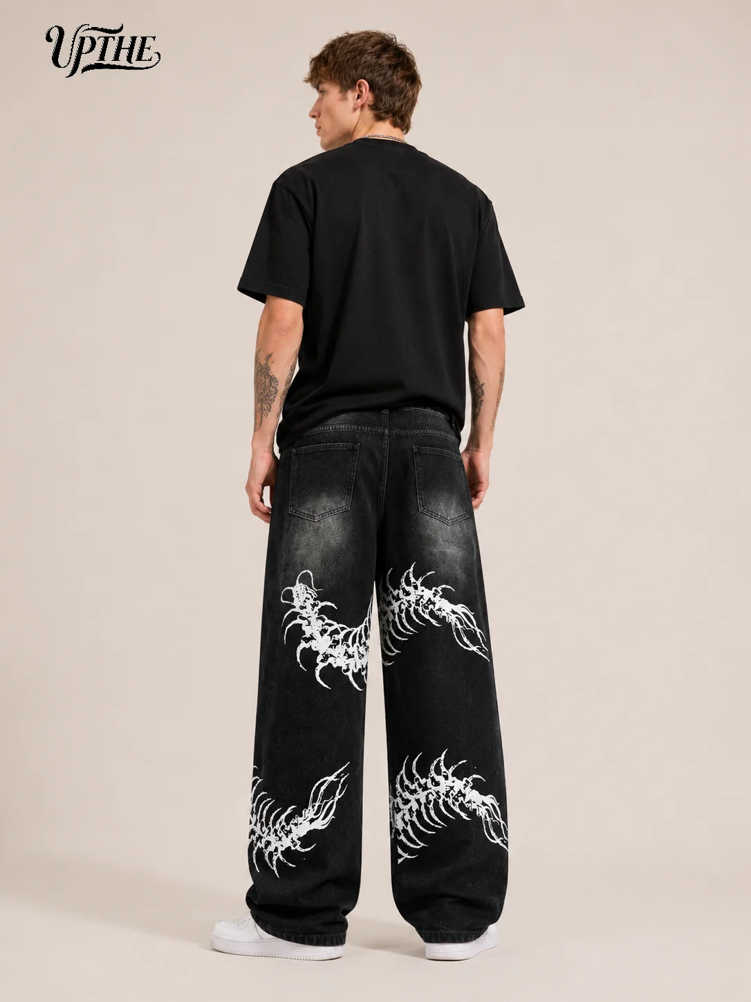 UP.THE Men Black Faded Baggy Wide Leg Jeans, Y2K Oversized Loose White Centipede Skeleton Print Denim Pants, Gothic Grunge Streetwear Trousers for Daily Outfits - view 8