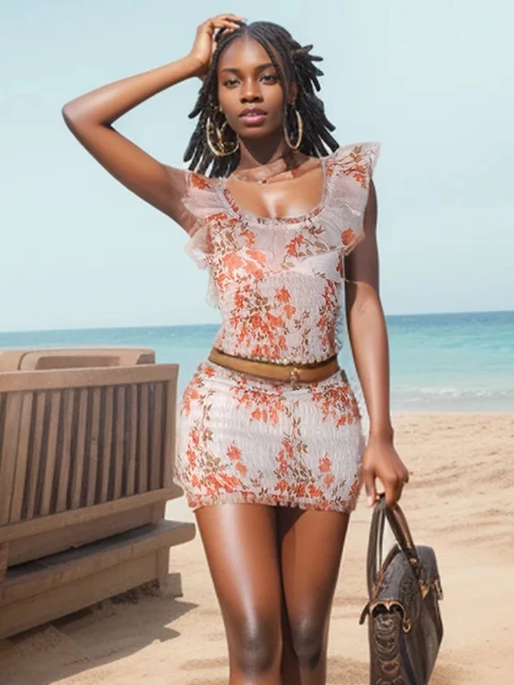 

Macheda Y2K Style Floral Print 2 Piece Set Women Ruched Ruffles Tank Tops+Skinny Peach Hip Skirts Vacation Beach Party Outfits