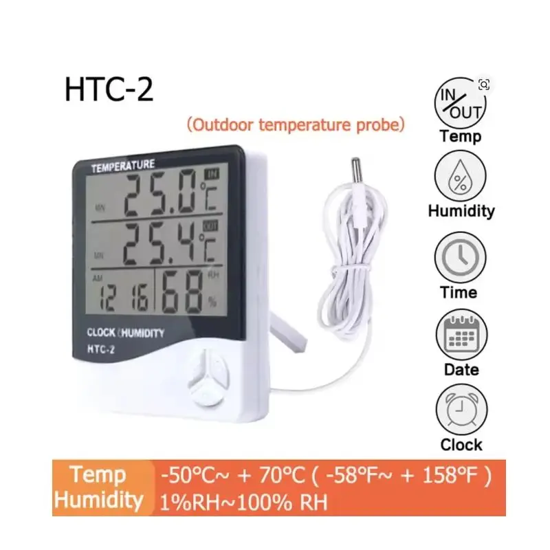 Medidor Digital de Temperatura y Humedad LCD HTC-2/HTC-1, Higrómetro y Termómetro para Interiores y Exteriores con Reloj, Estación Meteorológica
