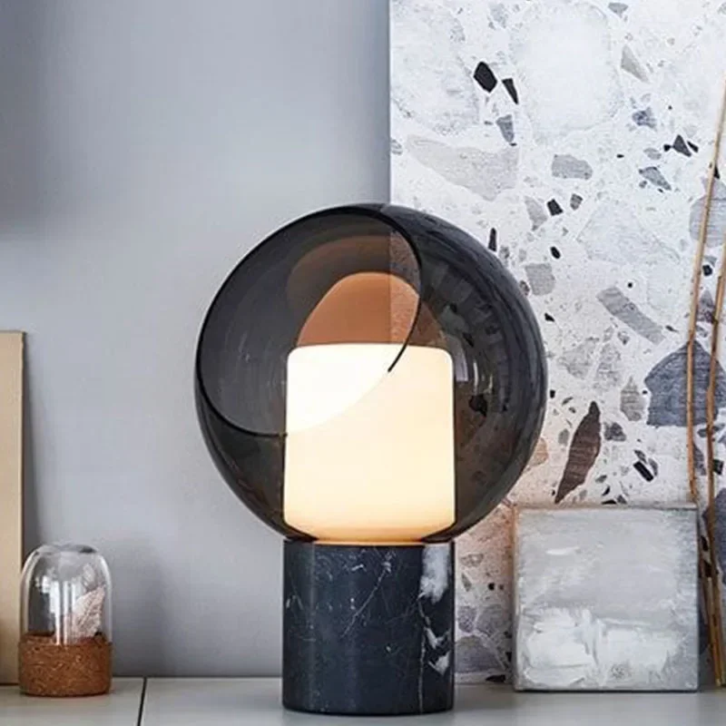 Dome Evedal Glass Table Lamp Postmodern Marble Table Lights Hotel Living/Model Room Bedroom Bedside Smoke Gray Glass Desk Lamps