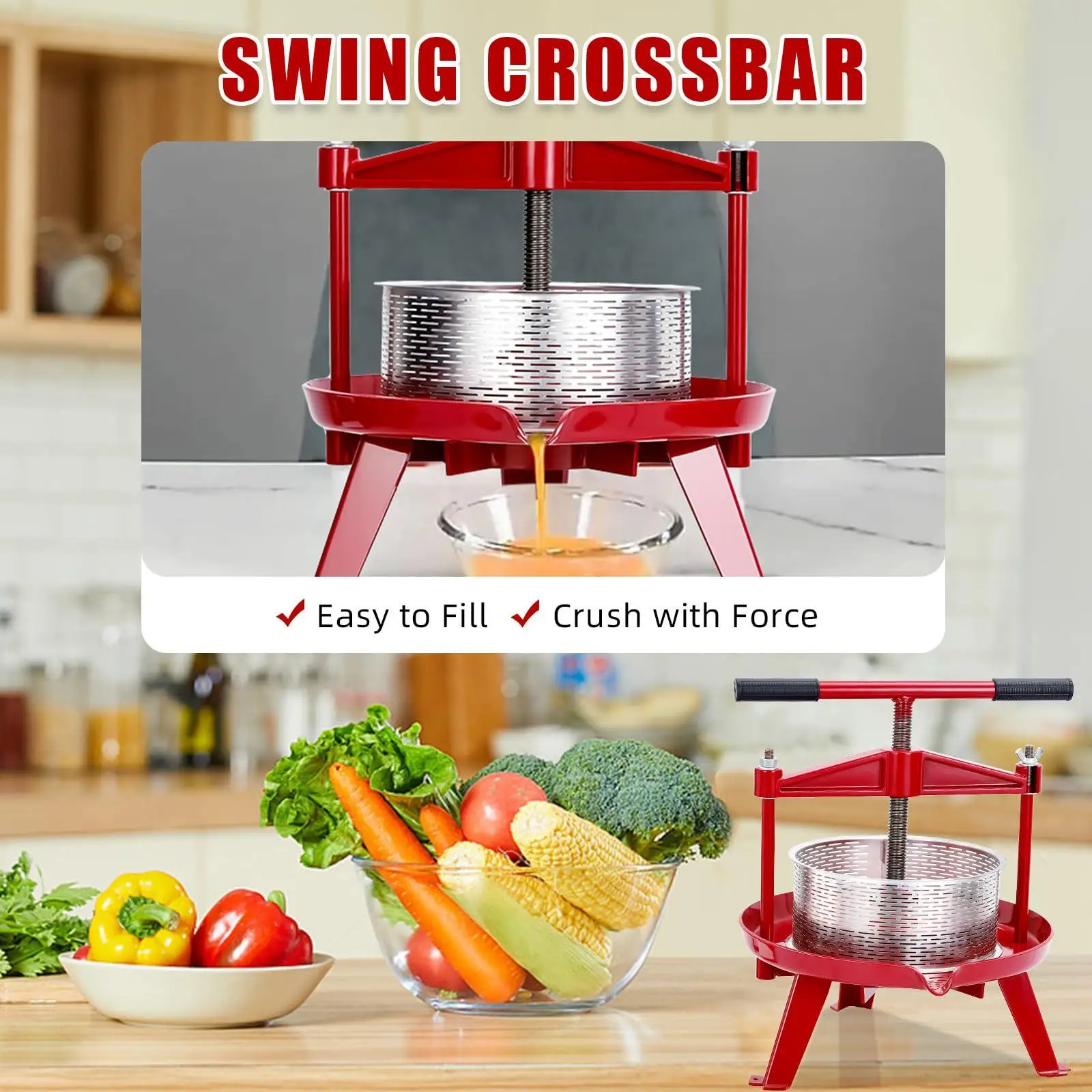 Heavy-Duty Stainless Steel Fruit & Wine Press – Manual Juicer with T-Handle & Cross-Beam, Food Quality, Easy Clean, for Home Brewing, Fruit, Grape, Lemon, Fruit Juice Extraction, 2.38 Gallon