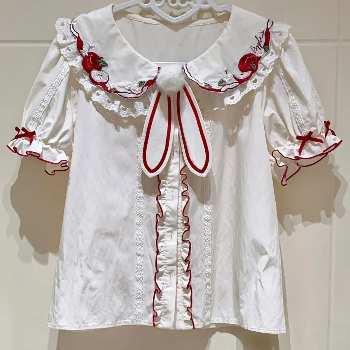 

Japanese Kawaii White Lolita Blouses Women Sweet Bow Ruffles Cotton Top Summer Girls Preppy Style Puff Short Sleeve Cute Shirts