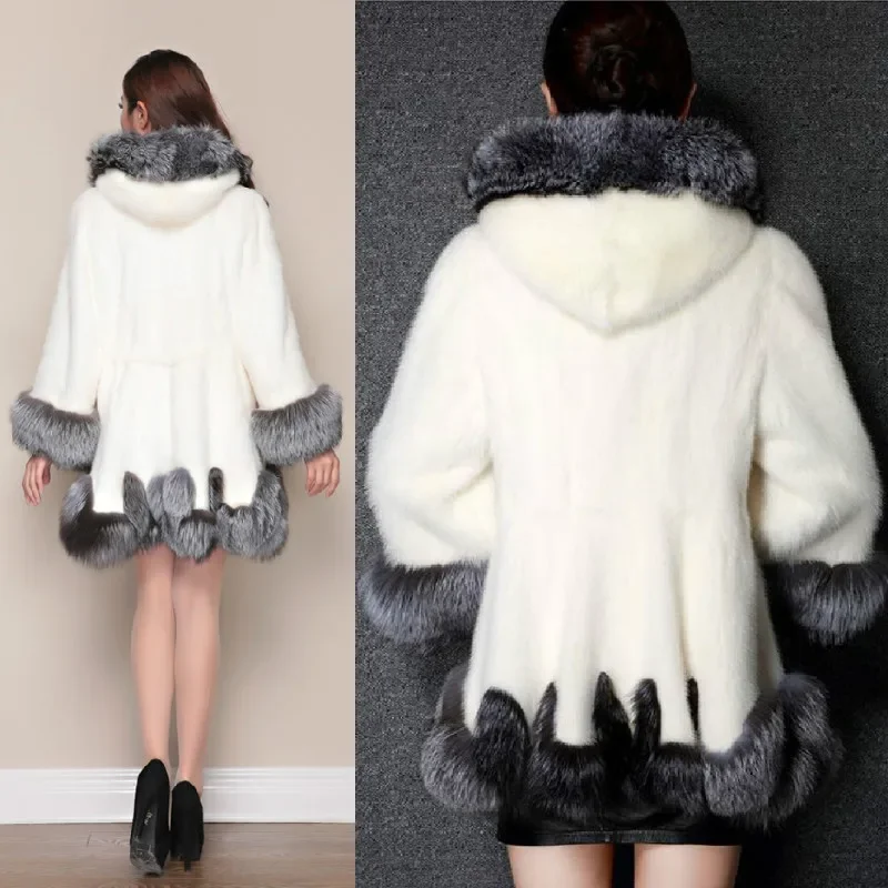 S-6XL Good Quality Thick Long Faux Fox Fur Mink Velvet Coat Winter Warm Slim Plush Streetwear Women Overcoat With Trim Hood Hat