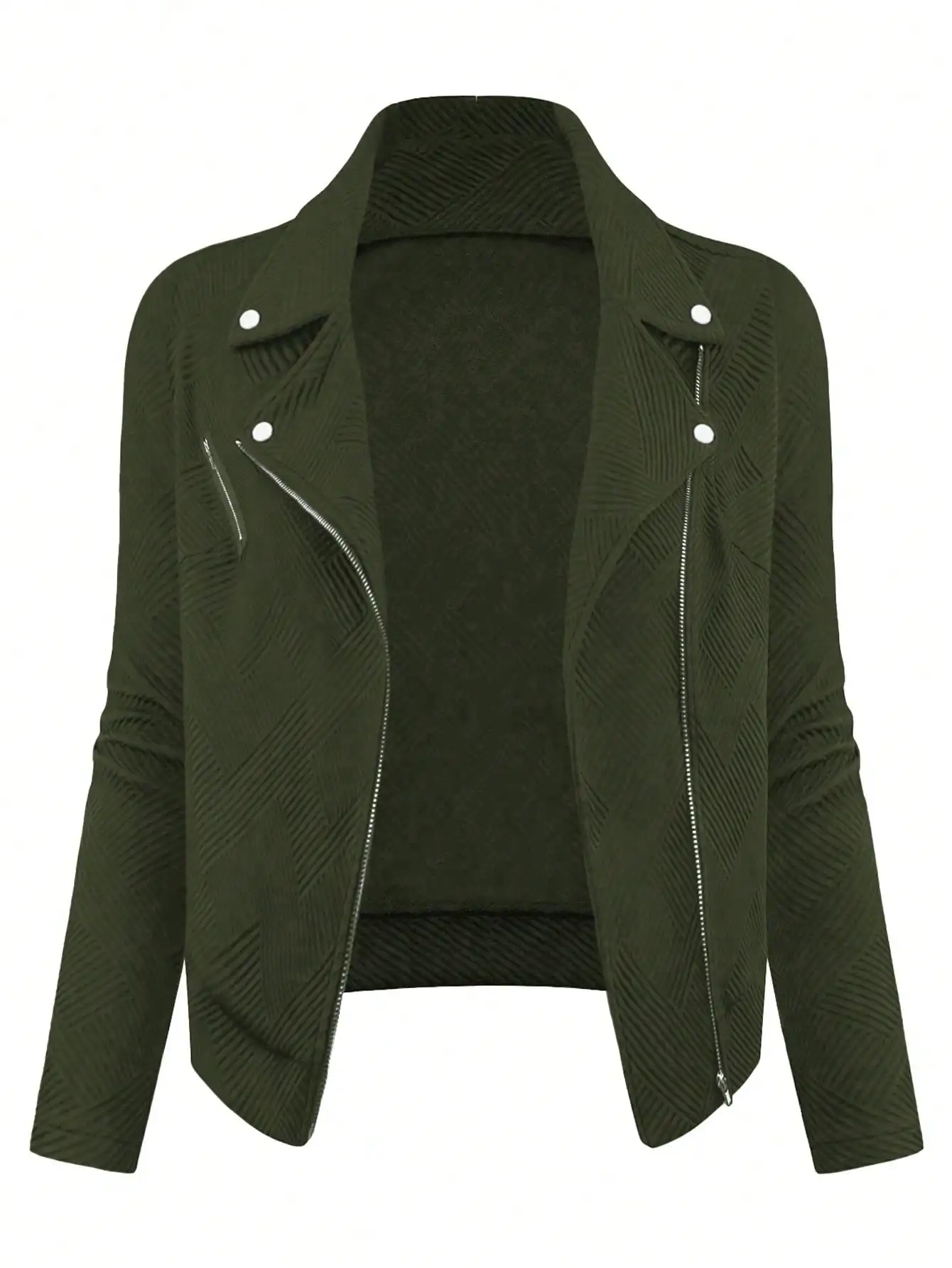 

Оливково-зеленая текстурированная мотоциклетная куртка на молнии для женщин, повседневная осенняя одежда