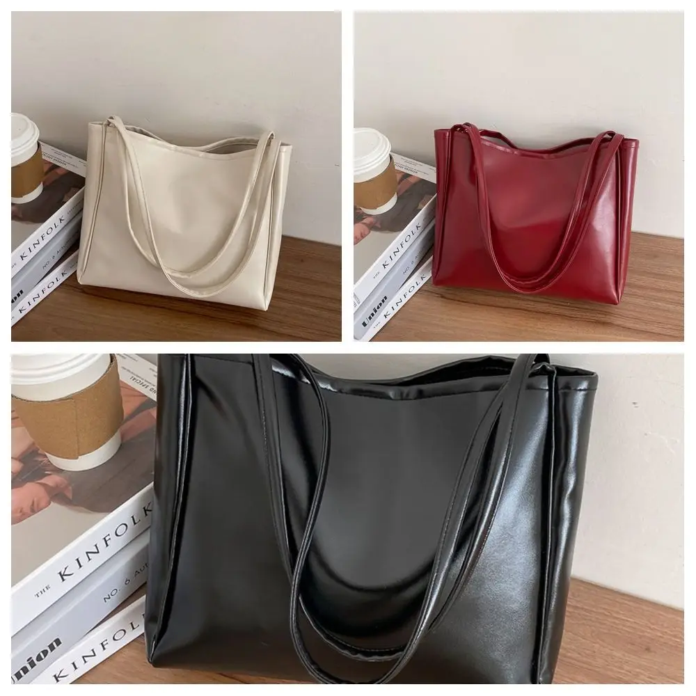 Retro Korean Style PU Shoulder Bag Solid Color Large Capacity Waterproof Tote Bag French Style Handbag Underarm Bag Girls