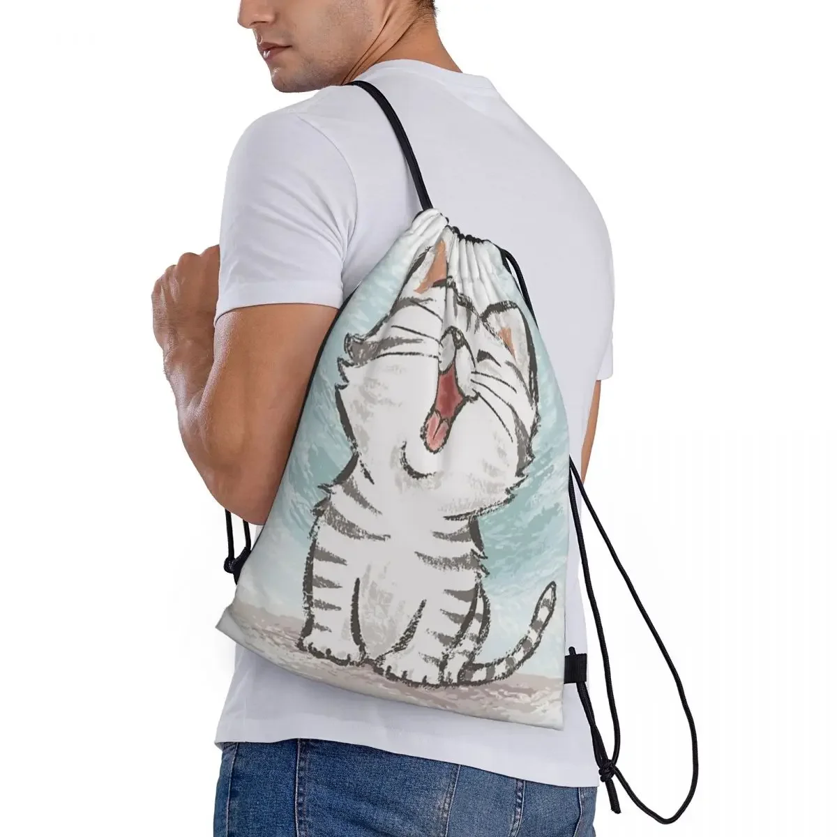 American Shorthair Happy Drawstring Back Pack Bag Travel Storage Package Teenagers Beach Tote Bag School Sport Shoe Bag Portable