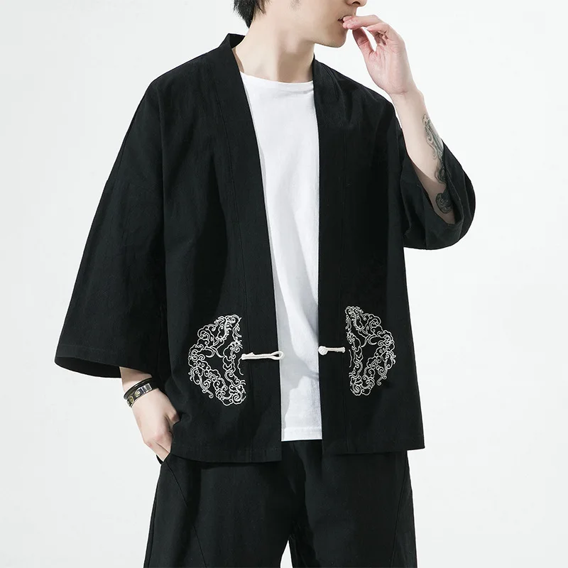 Cardigan de kimono tradicional, estilo chinês, casual, retrô, algodão, jaqueta de linho, trajes japoneses samurai, casaco Haori Yukata