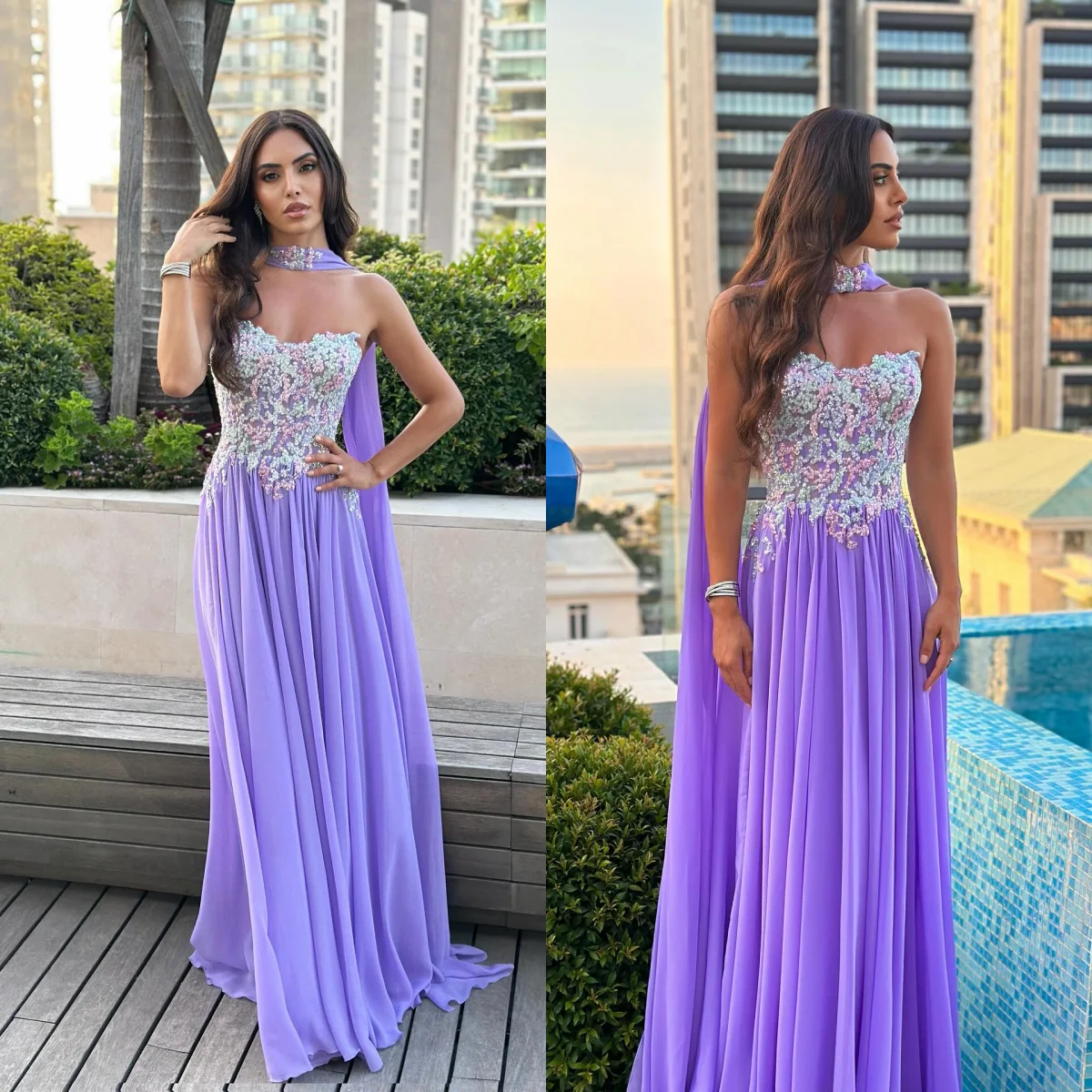 

Fashionable Purple Evening Dresses Sweetheart Chiffon Lace Women Robes de Sorie Customized Beach Sleeveless Prom Party Gown