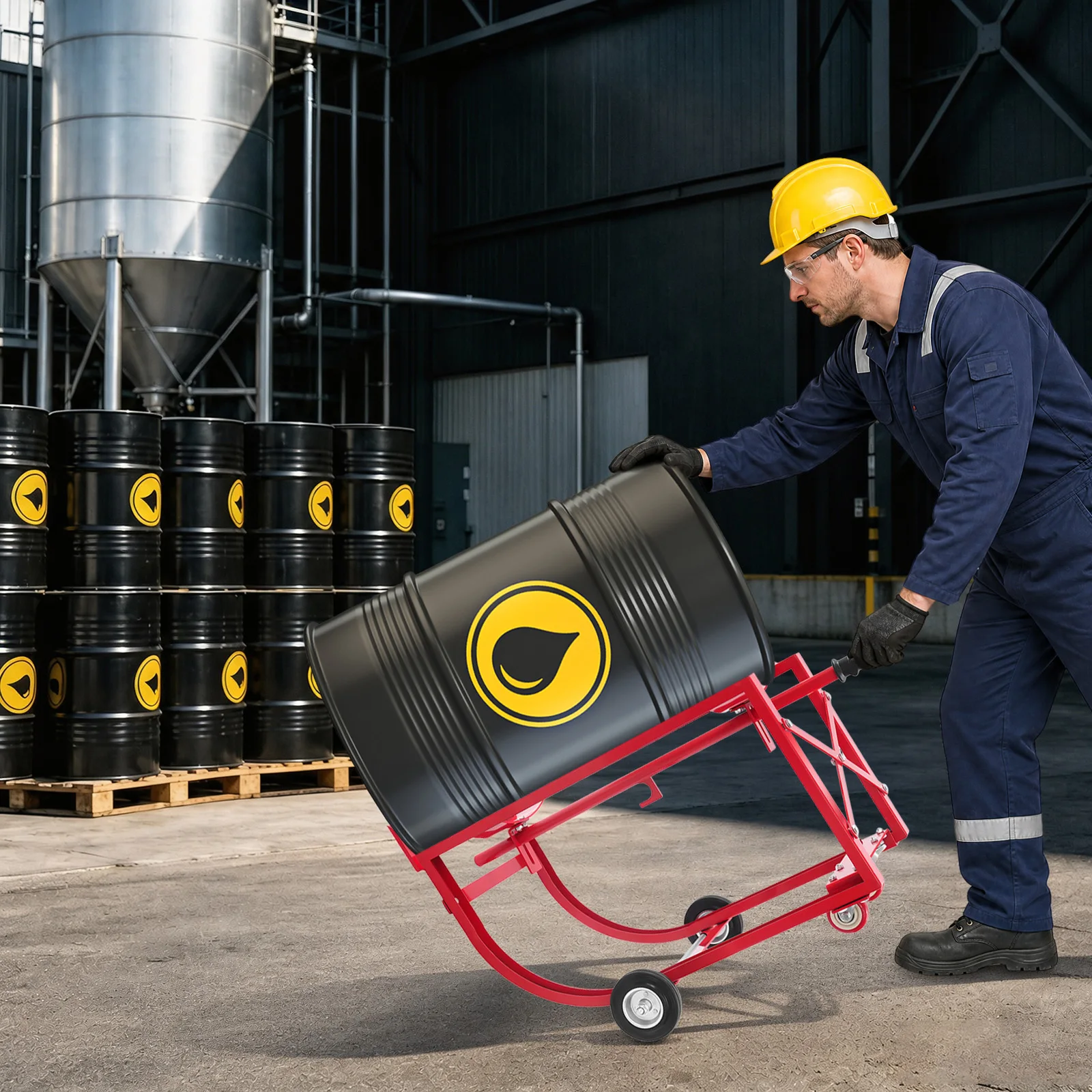 55Gal Drum Cradle with Wheels 600LBS Movable Drum Stand Heavy Duty Steel for Warehouse Factory Oil Drum Transport