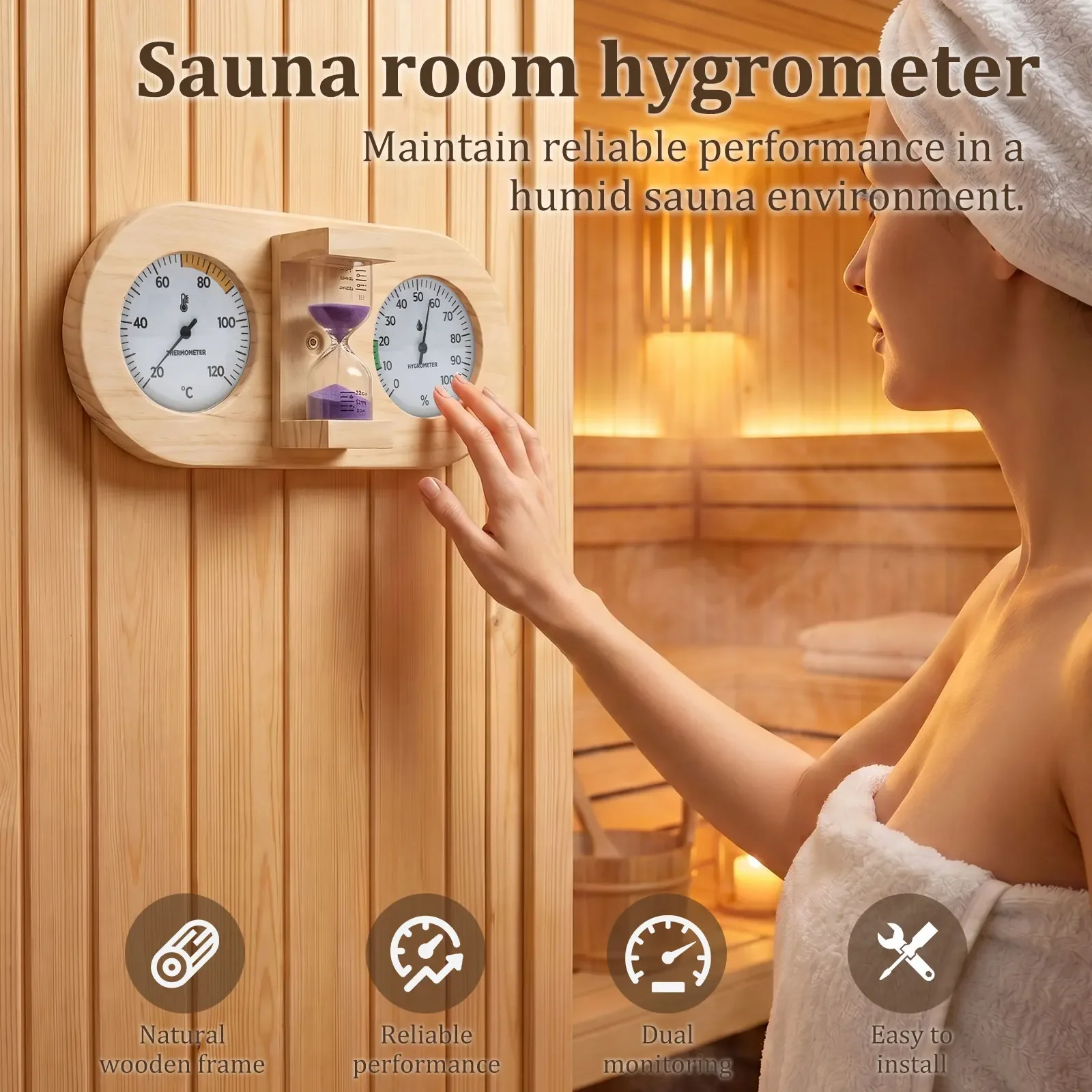 2 in 1 Sauna Thermometer and Hygrometer with 15 Minute Hourglass Timer Wall Mount Wooden  Temperature Gauge for Indoor Sauna