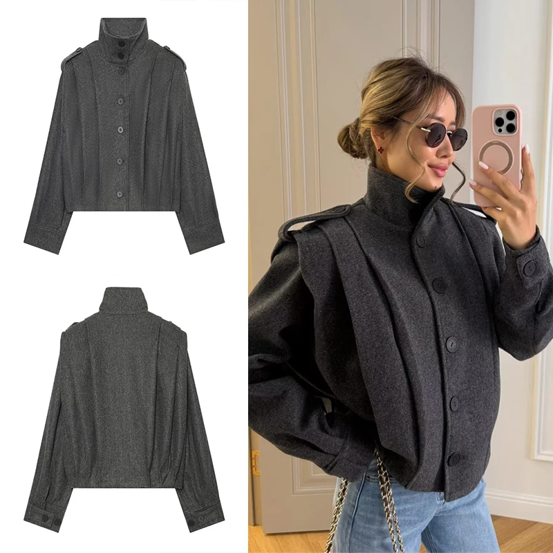 Guobioziy 2026 Abrigo Corto de Mujer con Cuello Alto y Hombros con Epauletas, Prenda Exterior Elegante para Oficina y Looks Urbanos Diarios de Otoño