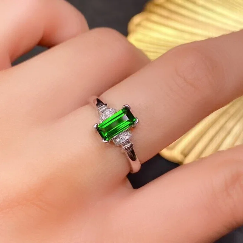 

Forest Green Natural Chrome Diopside Ring with 3 Layers Gold Plating Solid 925 Silver 4mm*8mm VVS 0.6ct Diopside Jewelry