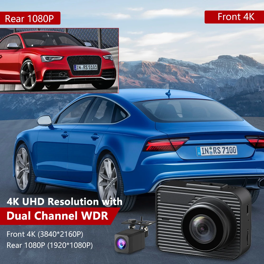 Soybean ZD46 4K Action Camera for Car Dashcam Built in GPS & WiFi 2'' Dual Channel Screen Video Recording G-Sensor with Rear Cam