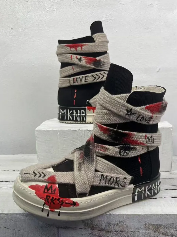 Men Hip Hop Canvas High Top Shoes Zipper Personality Graffiti Designer Punk Height Increasing Shoes High Street Casual Sneakers