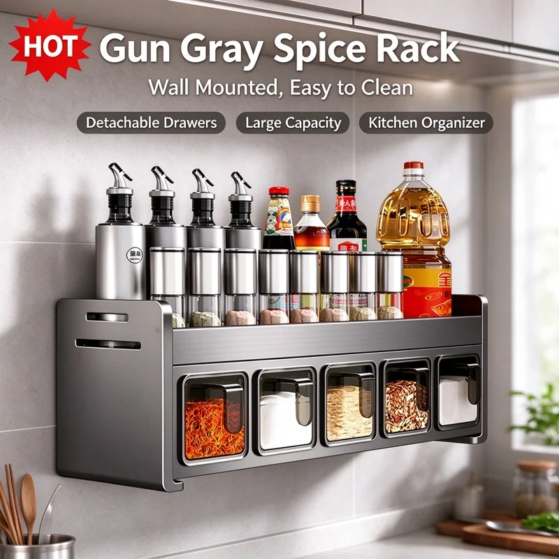 Kitchen Wall Hanging Spice Storage Rack Over Stove Seasoning Jar Organizer for Salt Sugar Pepper Condiments