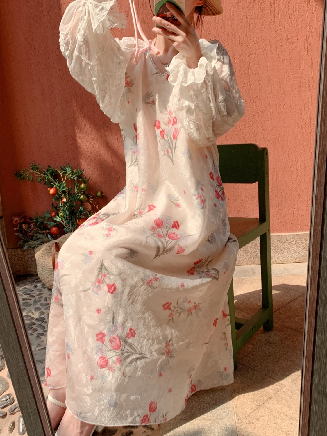 TIYIHAILEY الربيع الصيف المرأة الخامس الرقبة المطبوعة فستان ستان طويل الدانتيل فانوس كم موضة 2025 جديد طويل منتصف العجل السيدات ضمادة