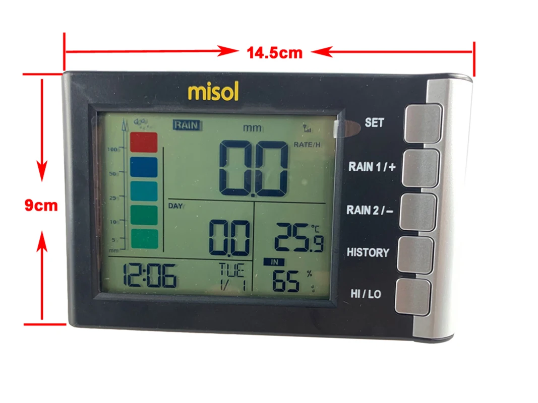 Medidor de lluvia misol, pantalla LCD y medición de temperatura y humedad