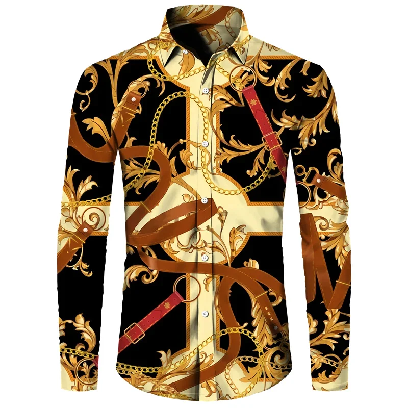 Camisa de manga larga con estampado dorado para hombre, camisa informal que combina con todo, moda urbana, solapa, manga larga de un solo pecho, 2024