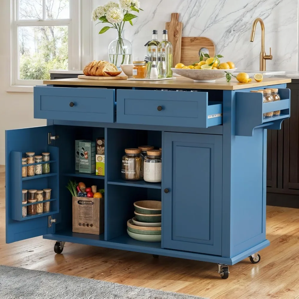 

Rolling Kitchen Island Cart with Drop Leaf, 53" Kitchen Island on Wheels with Storage and 2 Drawers, for Kitchen Mobile Island