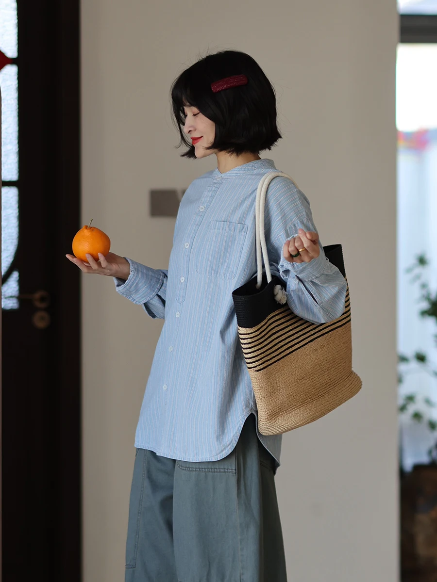 

Женская блузка Moadai Original, осенняя новинка, из мягкого тканого хлопка и льна, с воротником-стойкой, приталенная, в полоску