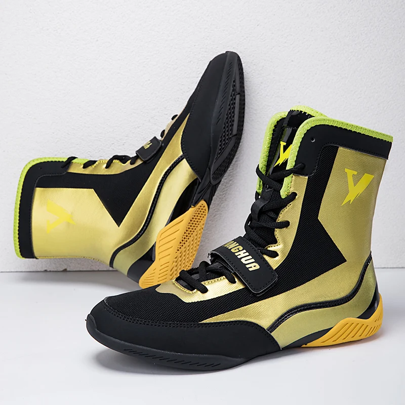 Professional Men Wrestling Fighting Boots Black Yellow Male Formal Boxing Fight Shoes Hight Top Mens Sport Boxer Training Shoes