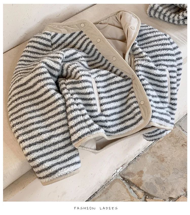 

Double Sided Striped Lamb Wool Cotton Jacket For Women Winter Korean Chic Warm Single-breasted Outwear Versatile Loose Top