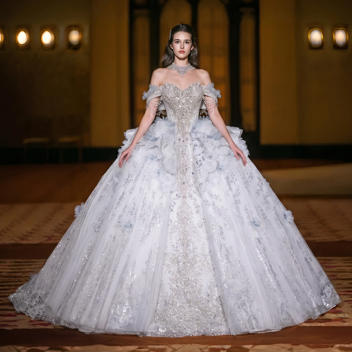 Sharon Said Luxury Blue Sequind Beaded Ball Gown Wedding Dress Sweetheart Off Shoulder 3D Floral Tulle Bridal Gowns SW610 Custom