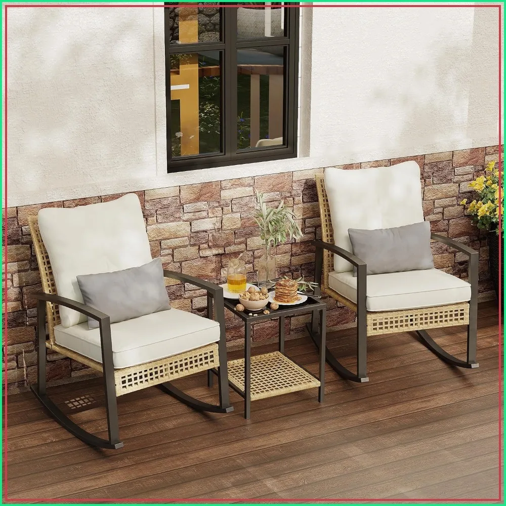 3 Piece Patio Rocking Chairs Set of 2, Outdoor Bistro Set with Tempered Glass Coffee Table, Beige