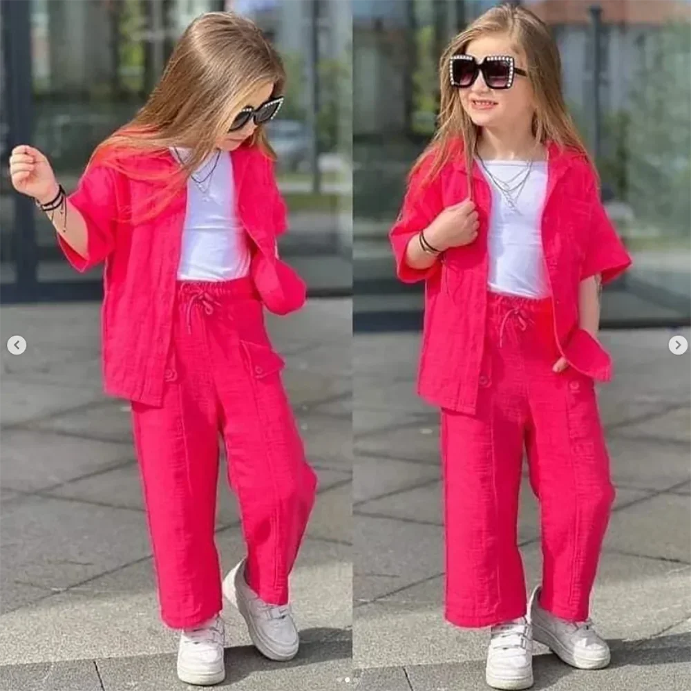 Summer High-end Skin Friendly Linen Girls Blazer Double Breasted Lapel Kids Jacket+Pants Loose Formal Teenage Casual Outfits