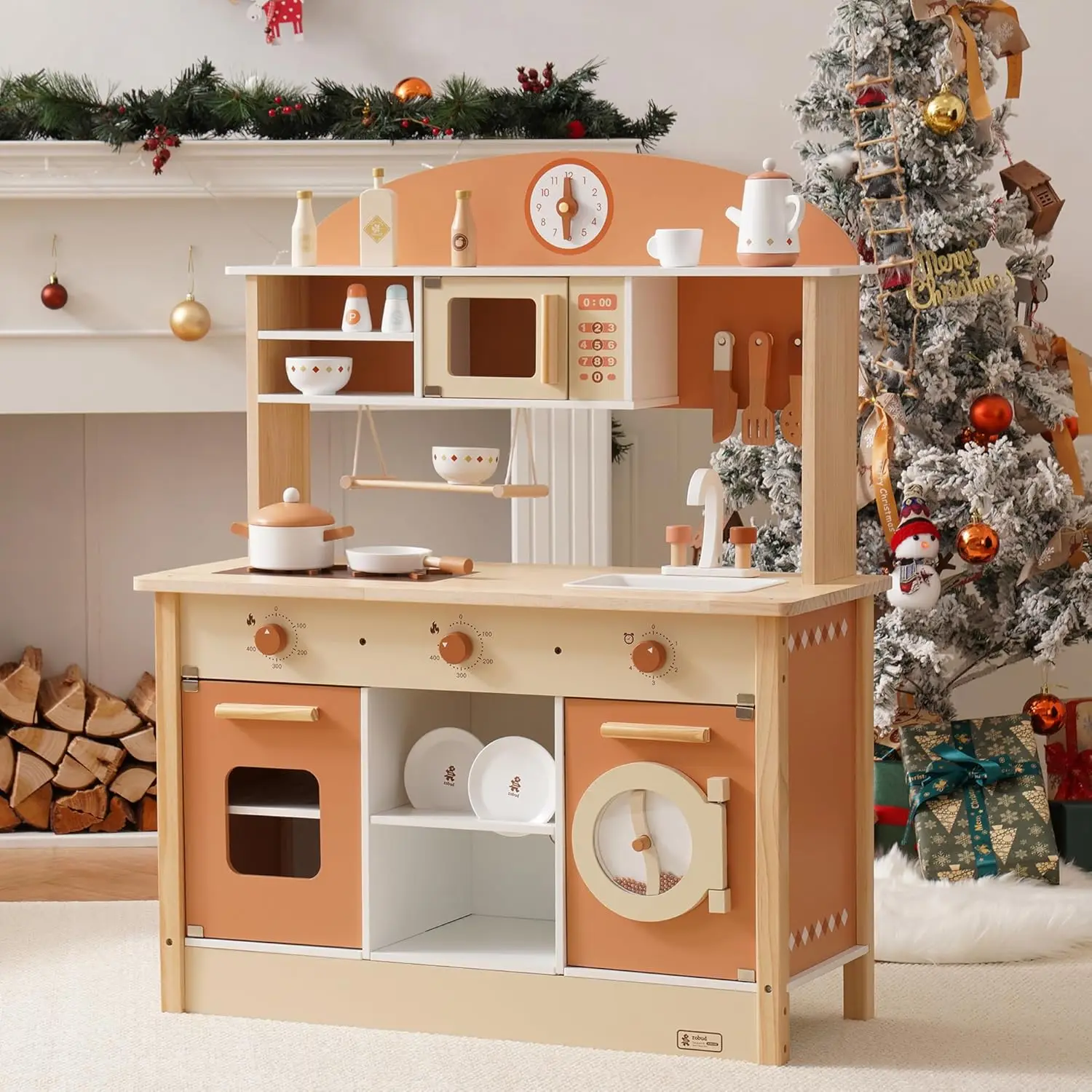 Robud Wooden Play Kitchen For Kids Toddlers, Kids Kitchen Playset With Realistic Accessories, Toy Kitchen Set With Plenty Of