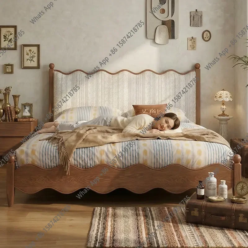 

N64 Medieval French wavy bedside solid wood bed North American ash wood small apartment bedroom 1.8 meters double soft bed