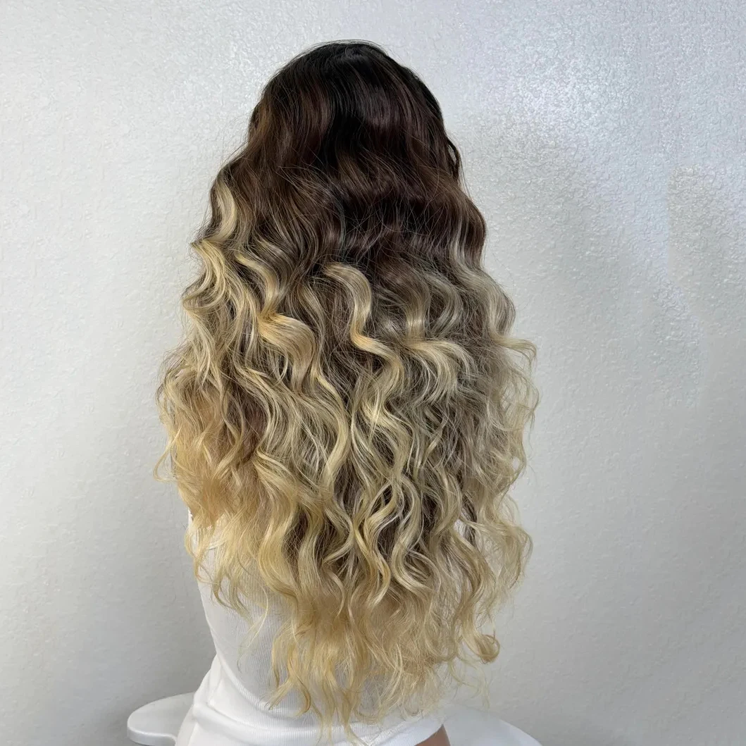 Warm Blonde Balayage Ombré Curly Wig Synthetic Wavy Dark Brown Roots Melt Human Hair Blend Wig 13x6 Free Part Lace Front Wig